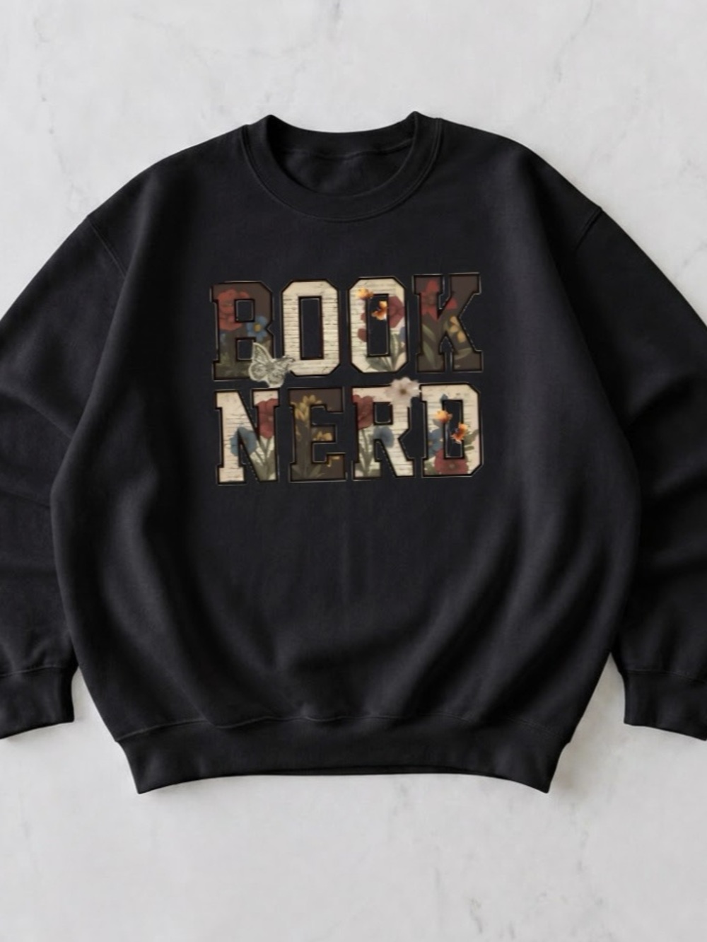 Floral BOOK NERD Graphic Sweatshirt in Black Trendy Women Reading Sweater